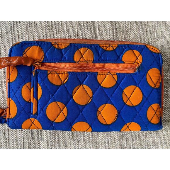Belvah Zip Around Blue Orange Polka Dot Wallet Wristlet Quilted Fabric - Picture 1 of 8